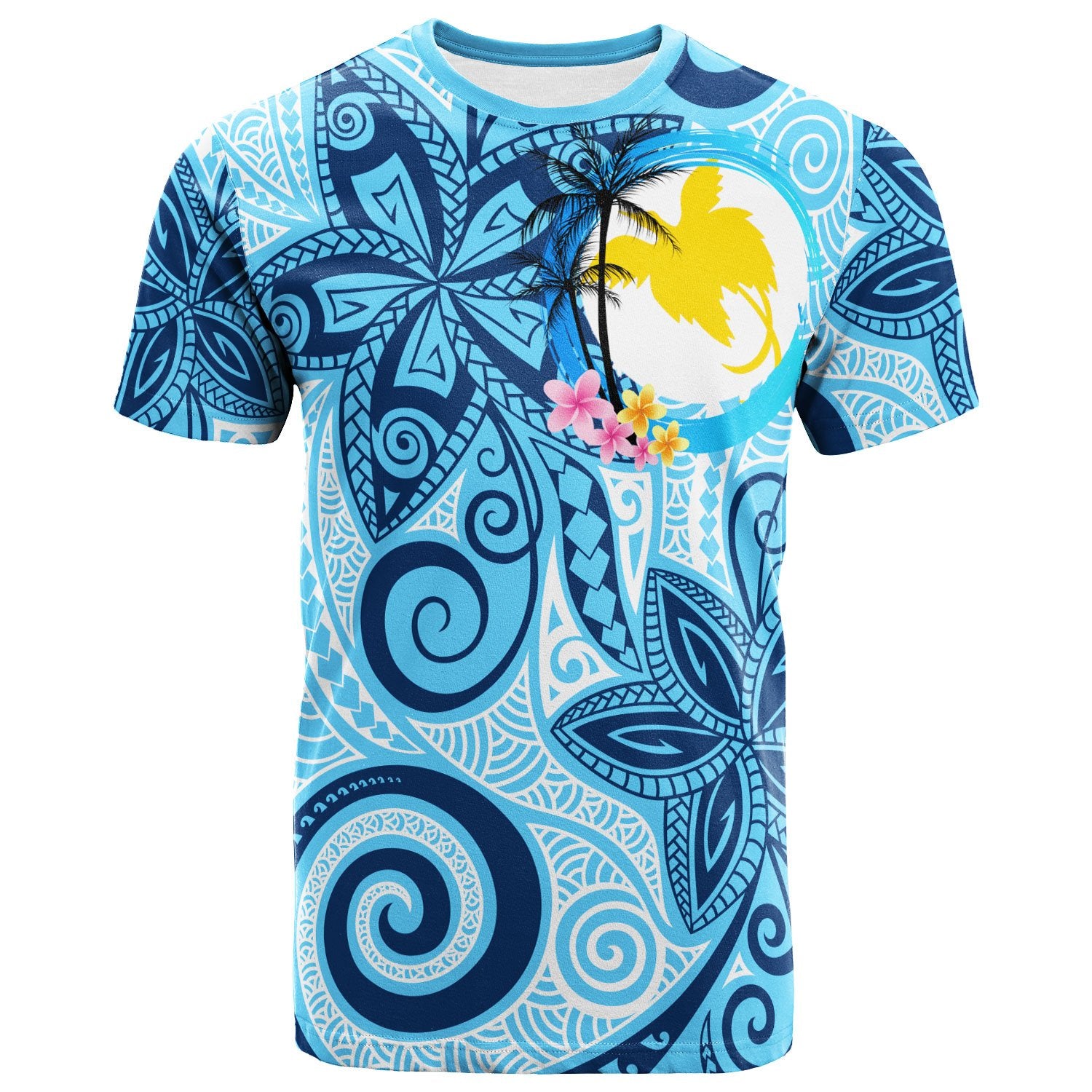 Papua New Guinea T Shirt Tribal Plumeria Pattern Unisex Blue - Polynesian Pride