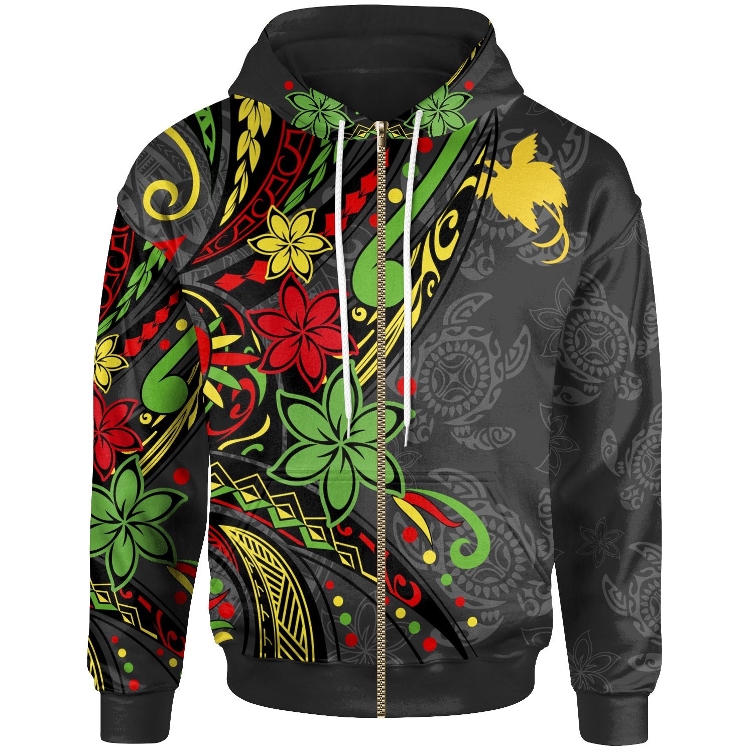 Papua New Guinea Zip Hoodie Tribal Flower With Special Turtles Unisex Black - Polynesian Pride