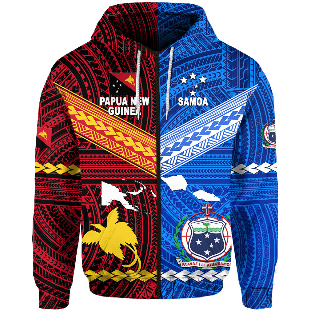 Custom Papua New Guinea Samoa Together Zip Hoodie, Custom Text and Number LT8 - Polynesian Pride