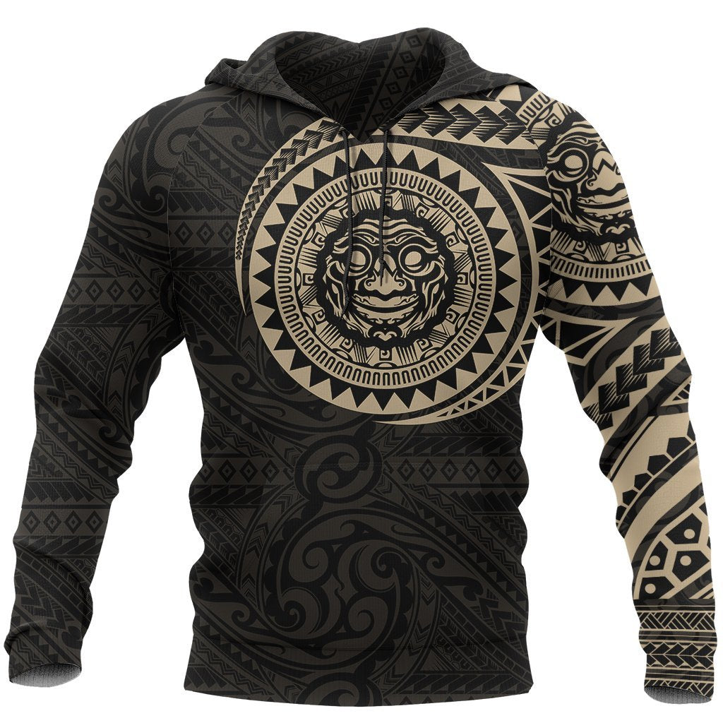 Hoodie Polynesian Smiling Tiki Face Tattoo Style Unisex Black-Gold - Polynesian Pride