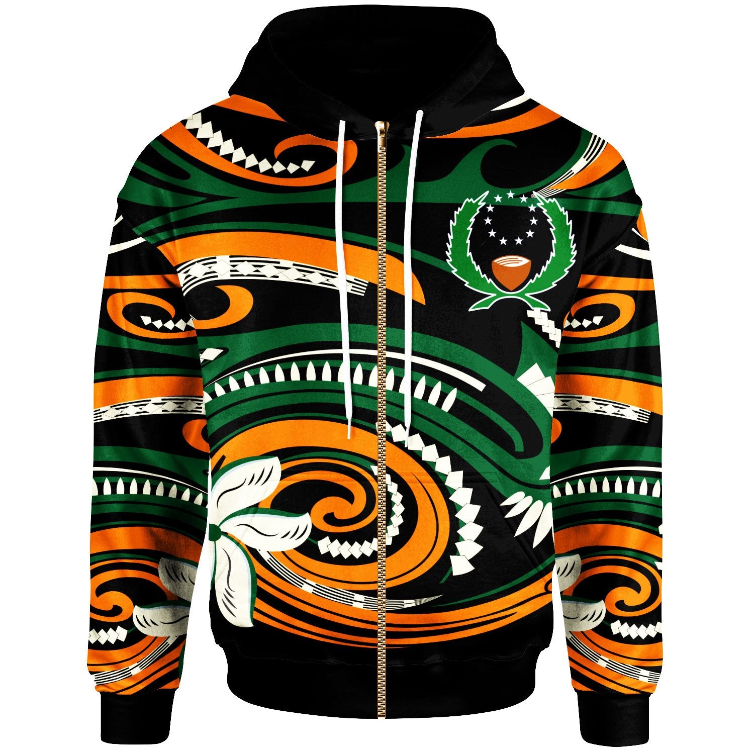 Pohnpei Zip Hoodie Vortex Style Unisex Green Orange - Polynesian Pride