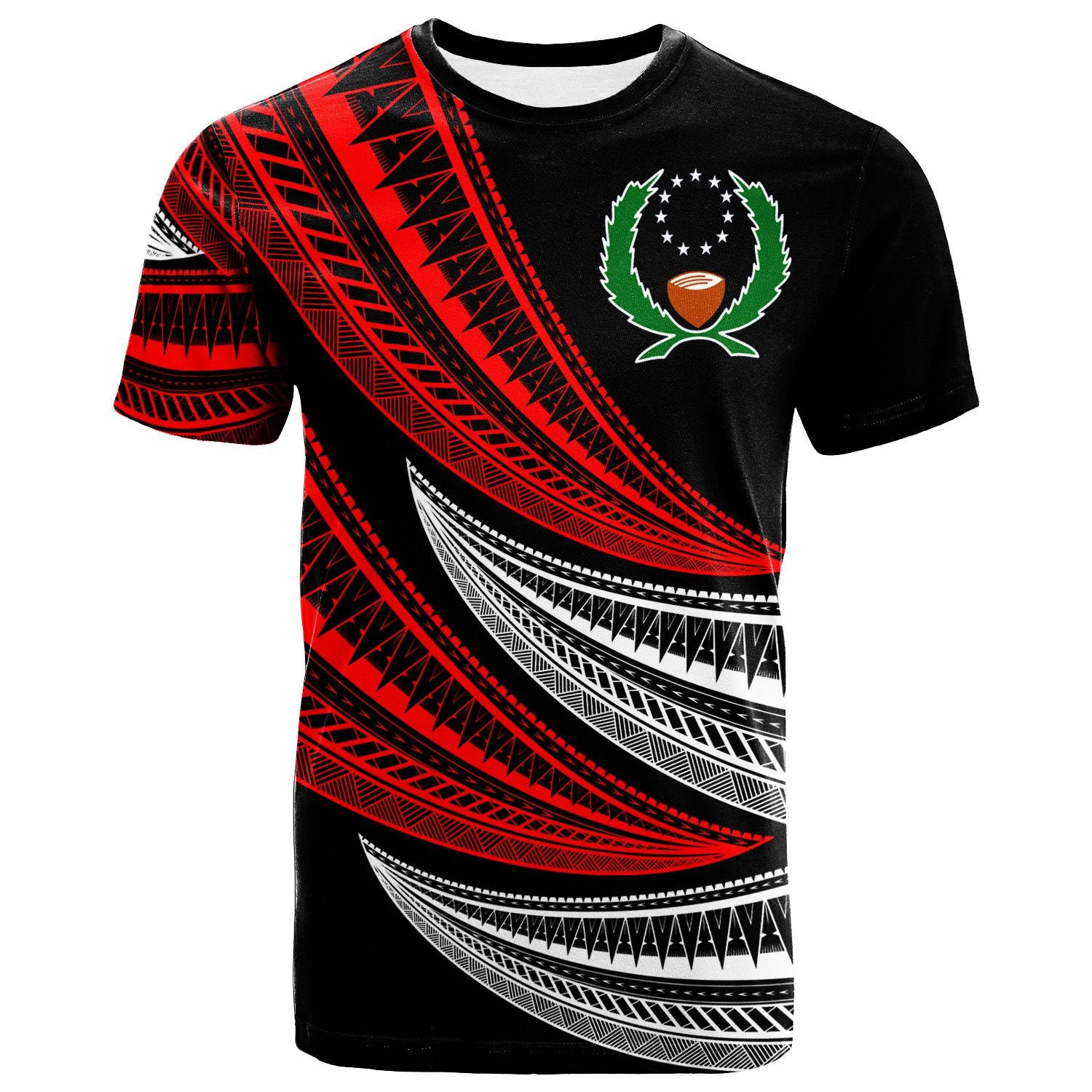 Pohnpei Custom T Shirt Wave Pattern Alternating Red Color Unisex Black - Polynesian Pride