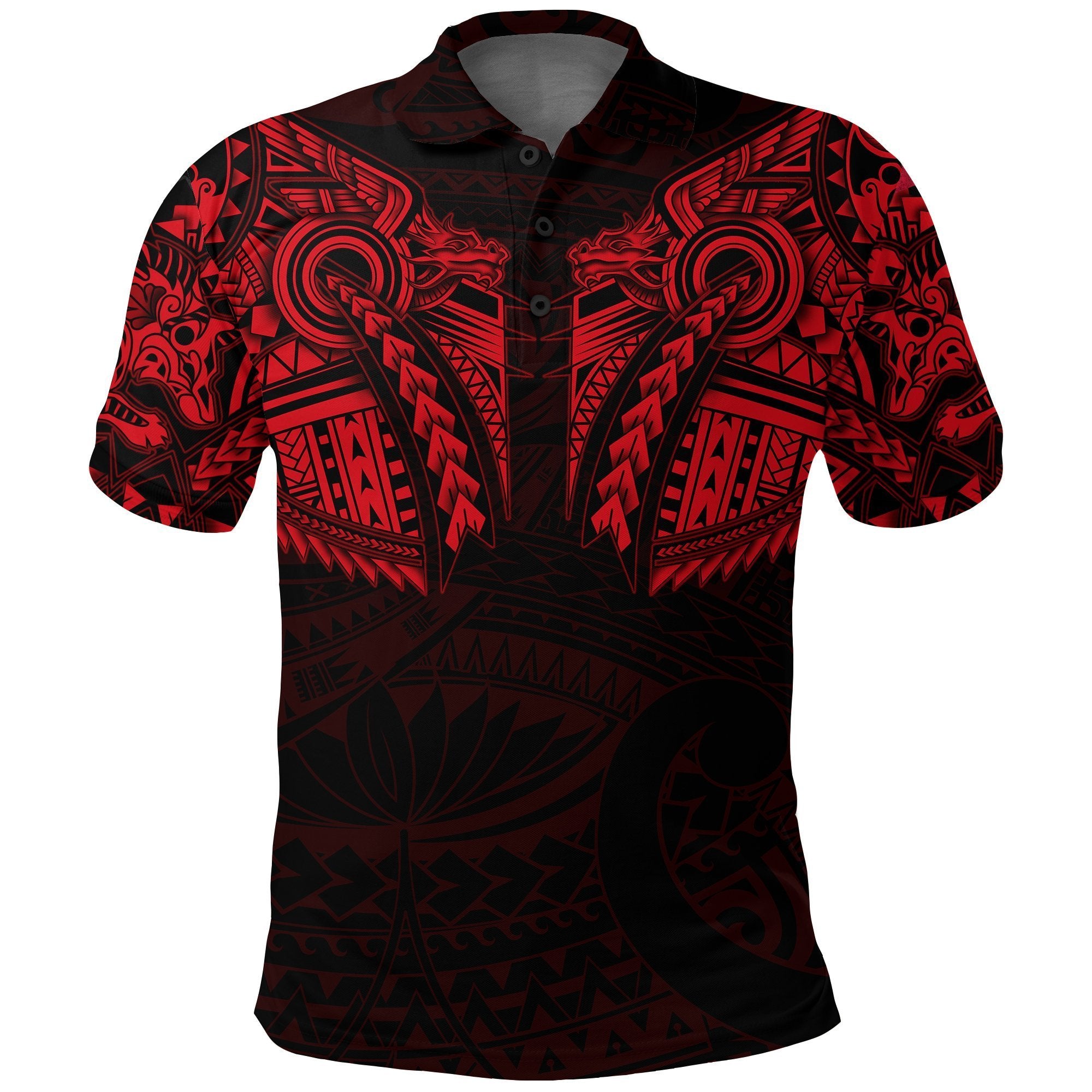 New Zealand Polo Shirt, Maori Tattoo Wolf Dragon Golf Shirt Red Unisex Black - Polynesian Pride