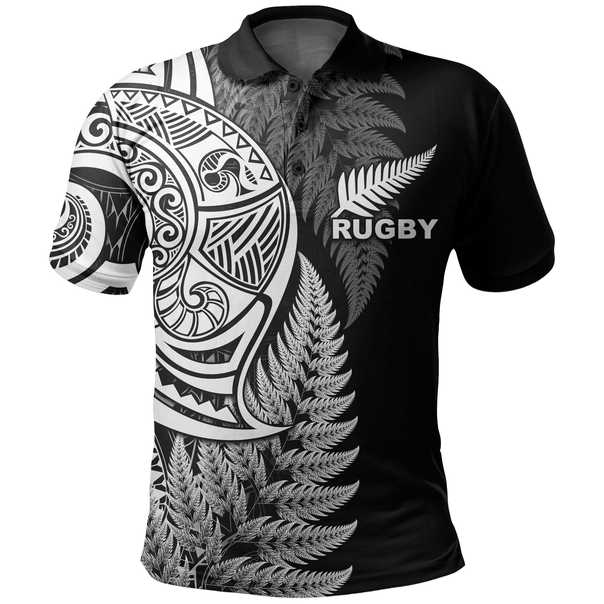 Maori Rugby Polo Shirt Tattoo Mix Fern Leaf LT6 Black - Polynesian Pride