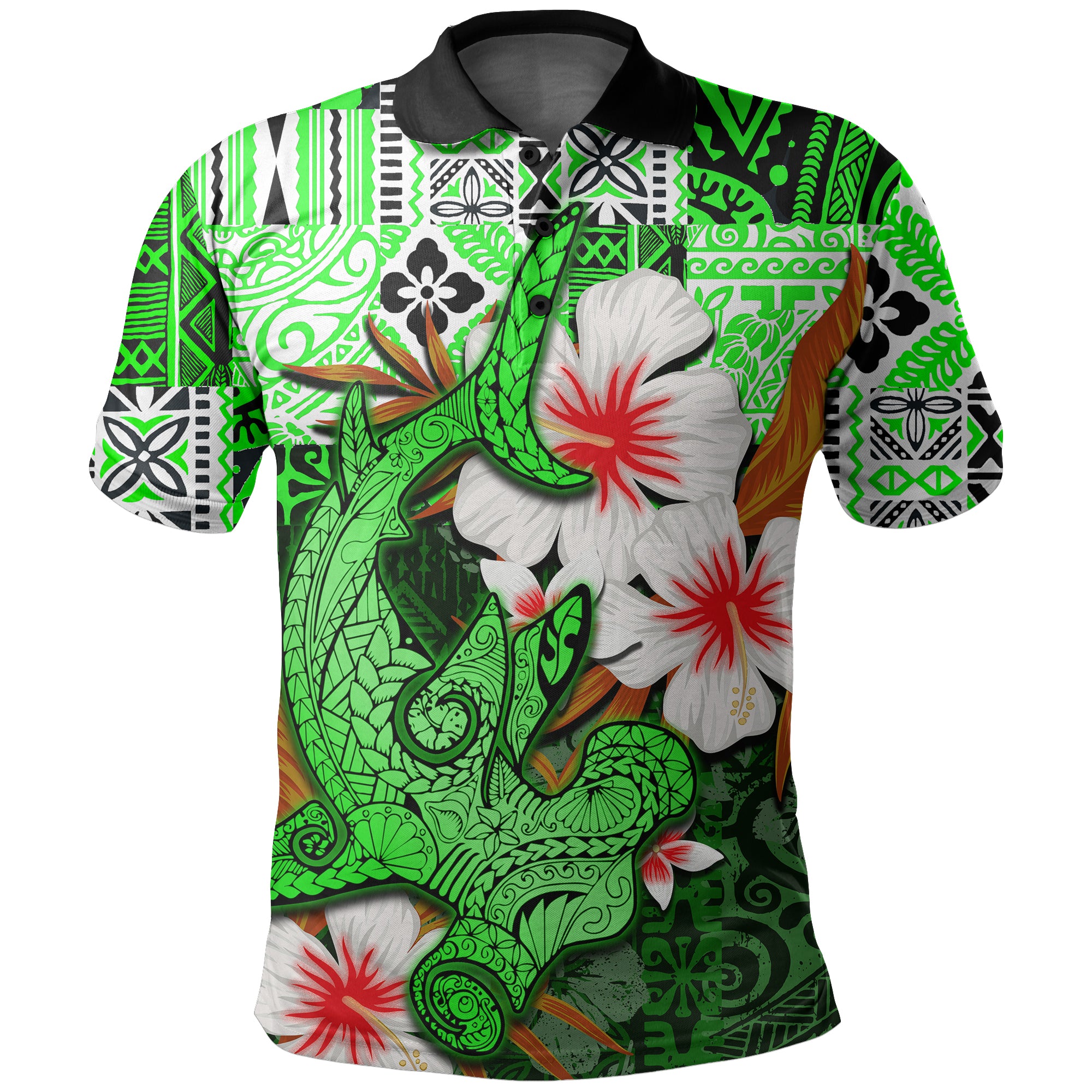 Custom Hammerhead shark Polo Shirt Hawaii Style Green LT6 Unisex Green - Polynesian Pride