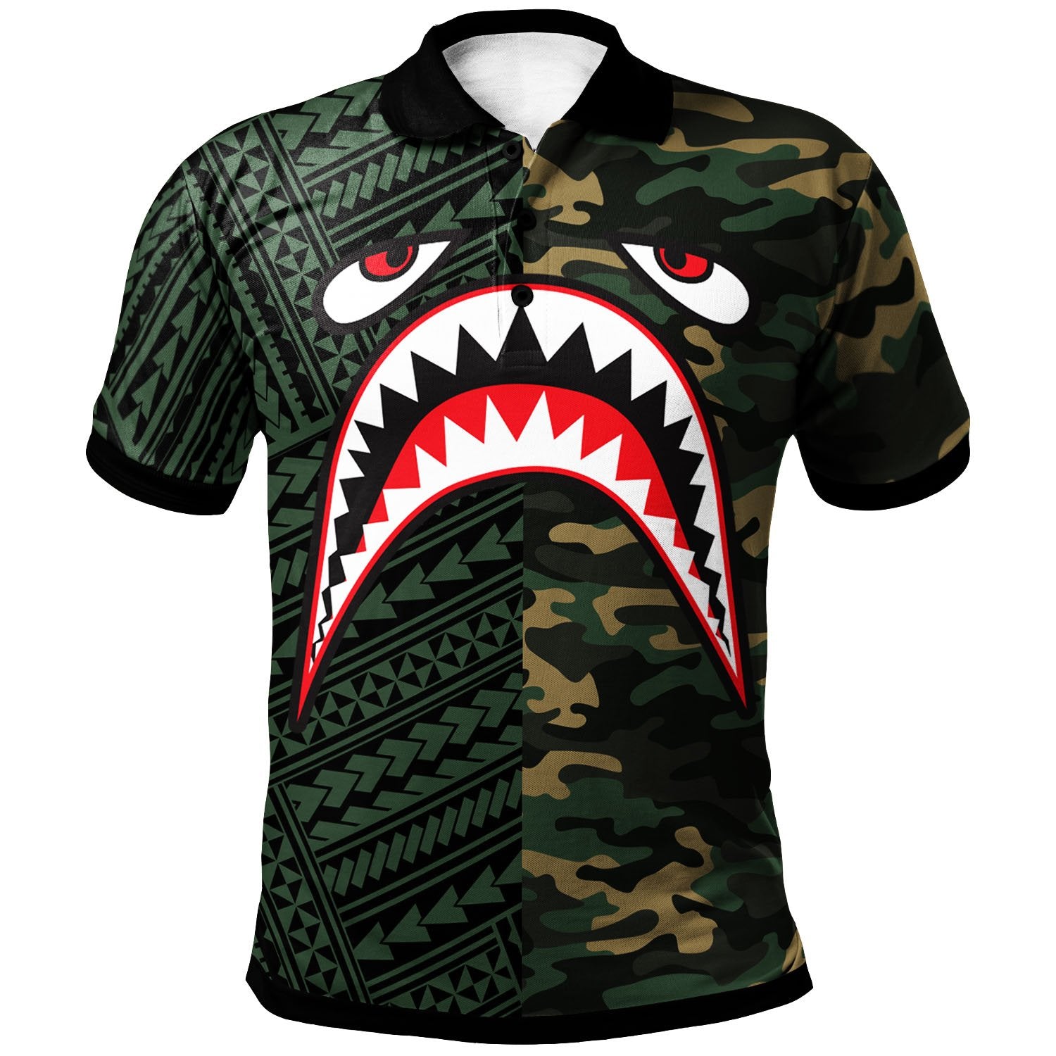 Polynesian Polo Shirt Shark Cartoon In Camo Syle Unisex Camo - Polynesian Pride