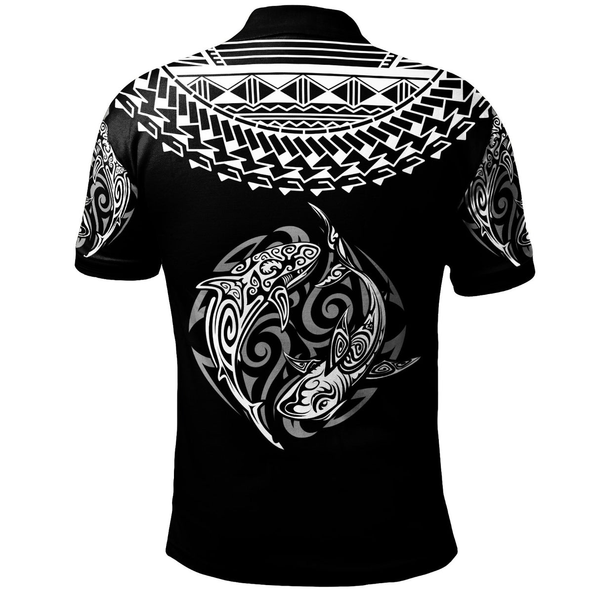 Polo Shirt Polynesian Shark Tattoo White Black Color - Polynesian Pride