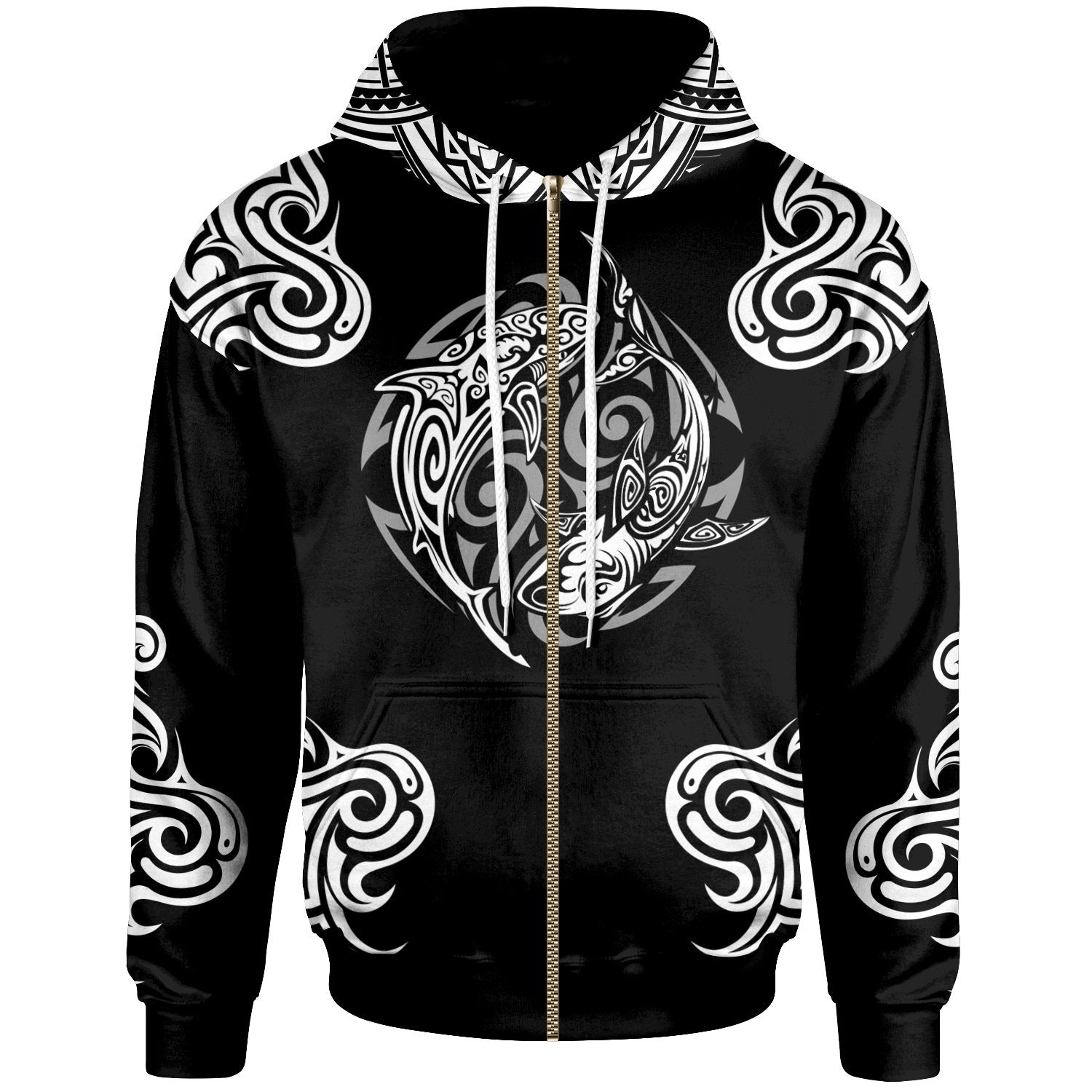 Polynesian Zip up Hoodie Polynesian Shark Tattoo Unisex Black - Polynesian Pride