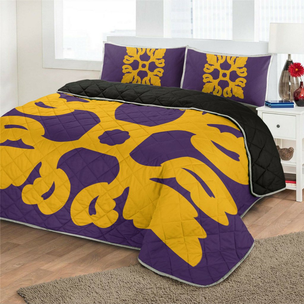 Hawaiian Royal Pattern Quilt Bed Set - Purple And Gold - M1 Style - AH - Polynesian Pride