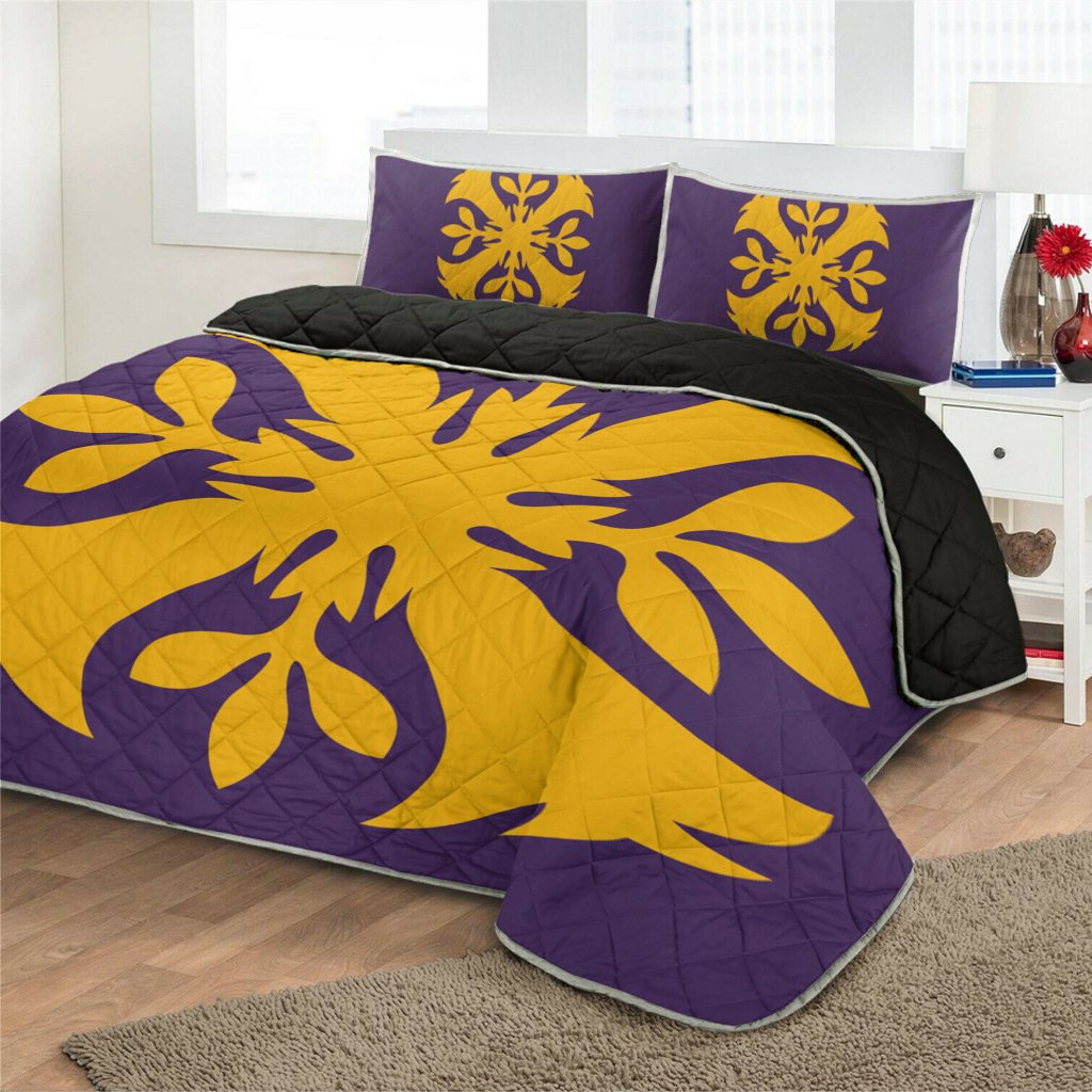 Hawaiian Royal Pattern Quilt Bed Set - Purple And Gold - F3 Style - AH - Polynesian Pride
