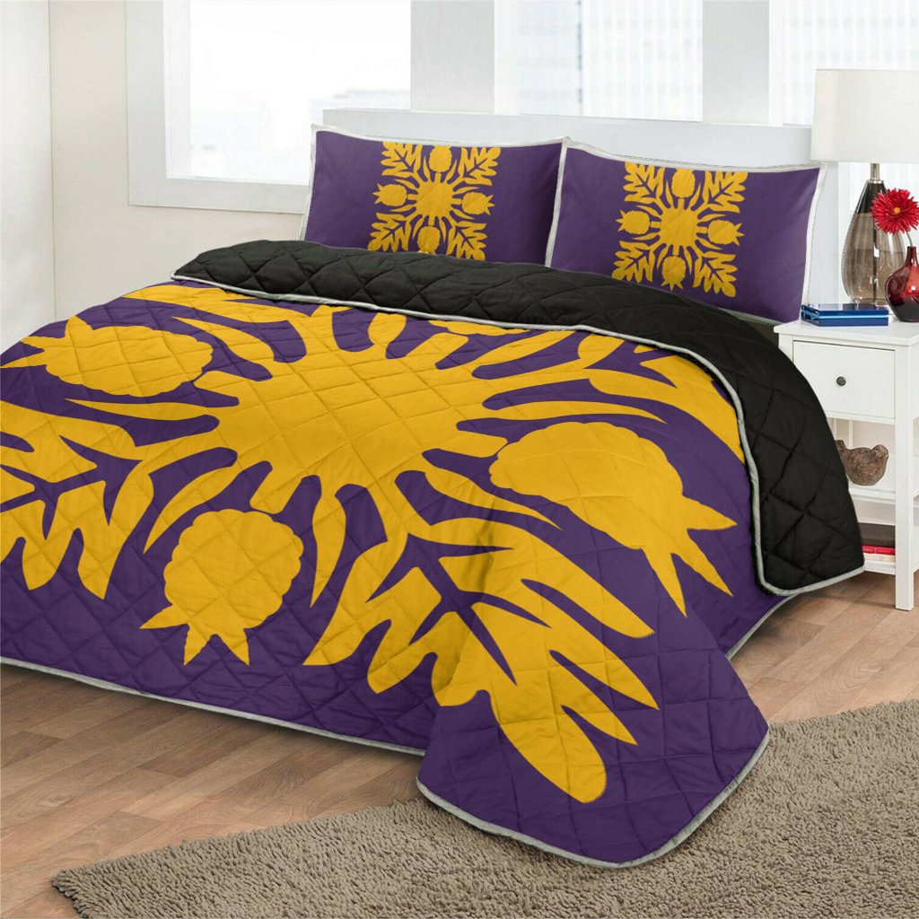 Hawaiian Royal Pattern Quilt Bed Set - Purple And Gold - N1 Style - AH - Polynesian Pride