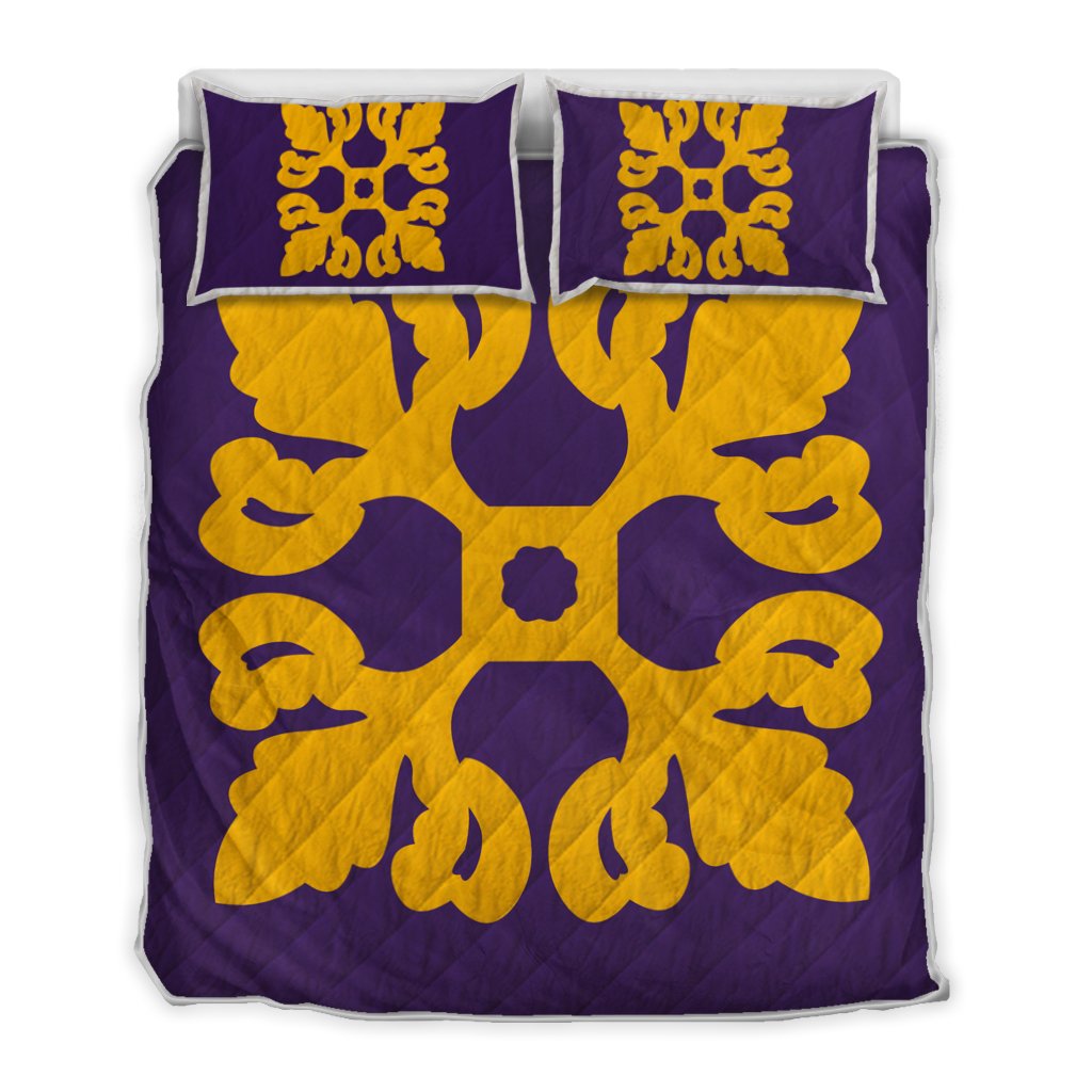 Hawaiian Royal Pattern Quilt Bed Set - Purple And Gold - M1 Style - AH Art - Polynesian Pride