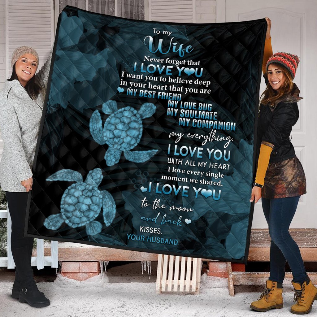 Hawaii Turtle Premium Quilt Hibiscus To My Wife Blue AH - Polynesian Pride