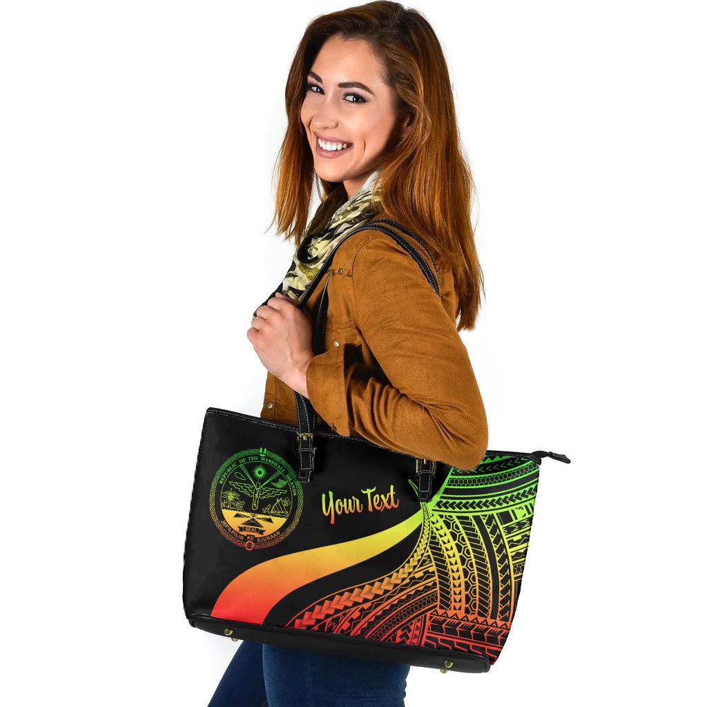 Marshall Islands Custom Personalised Large Leather Tote Bag - Reggae Polynesian Tentacle Tribal Pattern Crest Reggae - Polynesian Pride