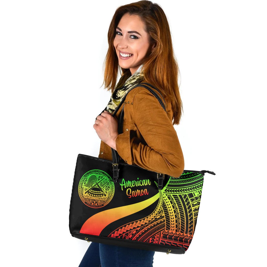 American Samoa Large Leather Tote Bag - Reggae Polynesian Tentacle Tribal Pattern Reggae - Polynesian Pride