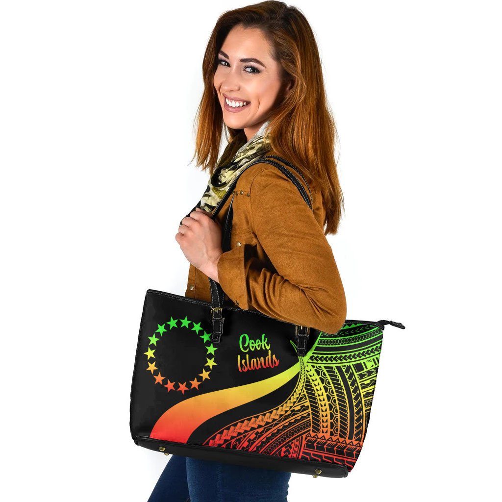 Cook Islands Large Leather Tote Bag - Reggae Polynesian Tentacle Tribal Pattern Reggae - Polynesian Pride