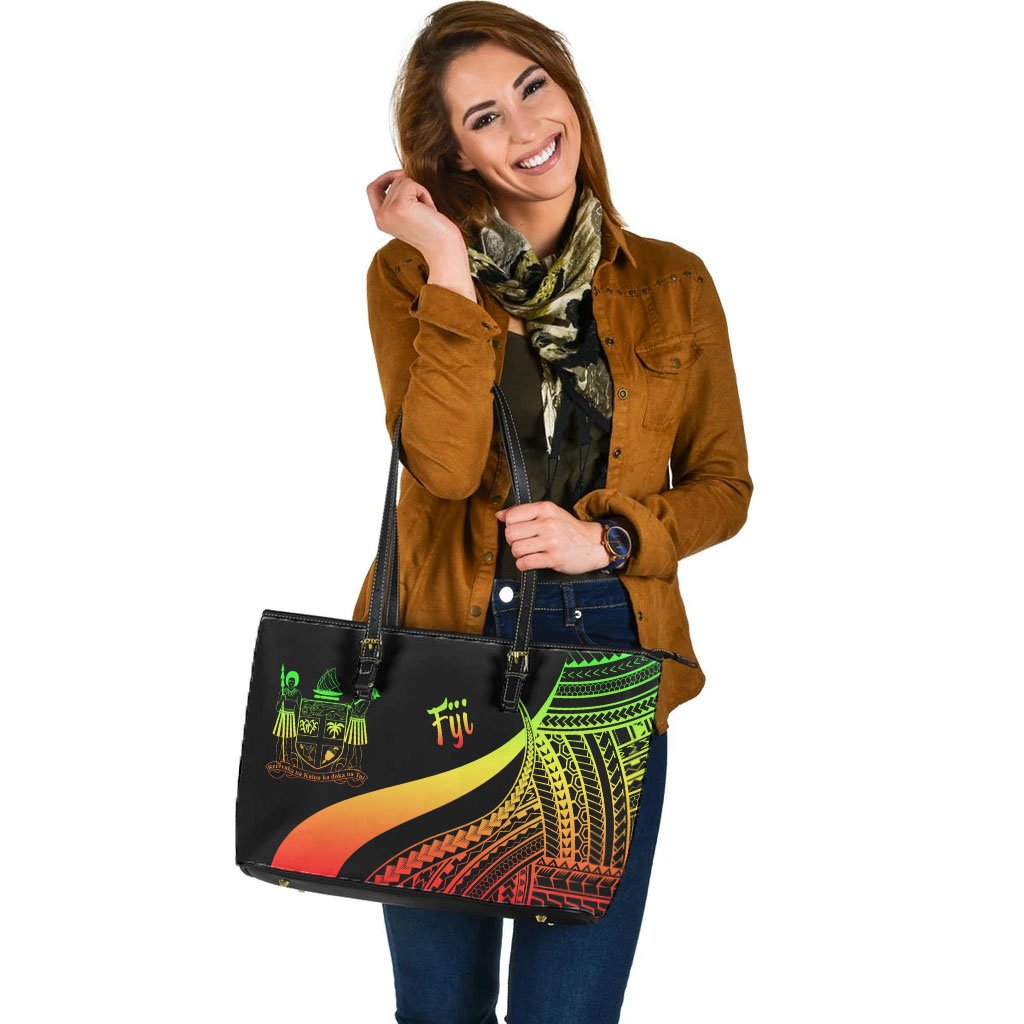 Fiji Large Leather Tote Bag - Reggae Polynesian Tentacle Tribal Pattern Crest - Polynesian Pride