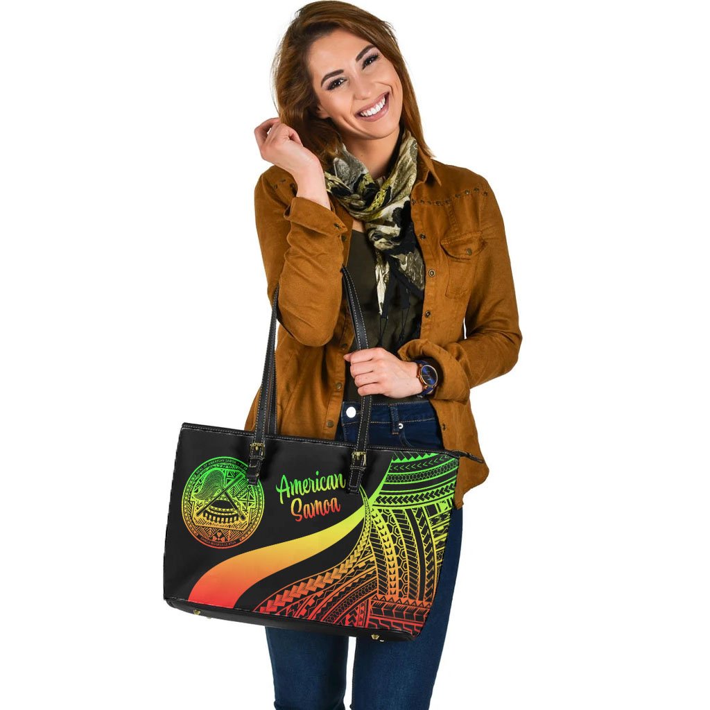 American Samoa Large Leather Tote Bag - Reggae Polynesian Tentacle Tribal Pattern - Polynesian Pride
