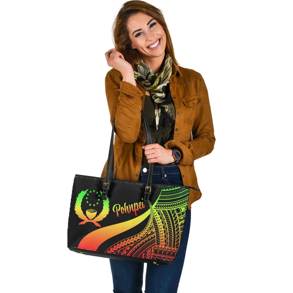 Pohnpei Large Leather Tote Bag - Reggae Polynesian Tentacle Tribal Pattern - Polynesian Pride