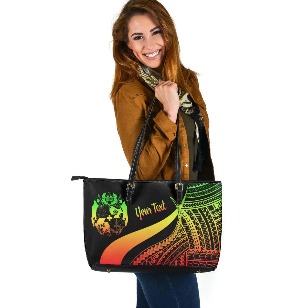 Tonga Custom Personalised Large Leather Tote Bag - Reggae Polynesian Tentacle Tribal Pattern - Polynesian Pride