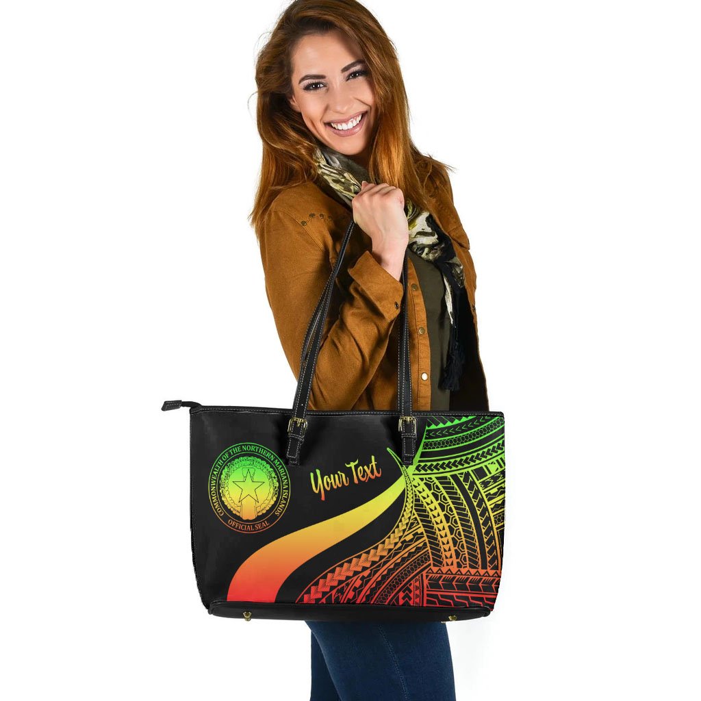 Northern Mariana Islands Custom Personalised Large Leather Tote Bag - Reggae Polynesian Tentacle Tribal Pattern - Polynesian Pride
