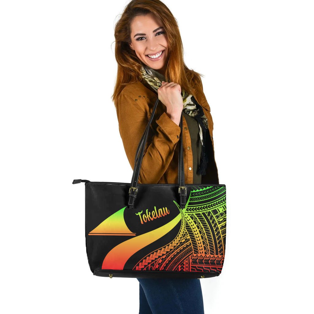 Tokelau Large Leather Tote Bag - Reggae Polynesian Tentacle Tribal Pattern - Polynesian Pride