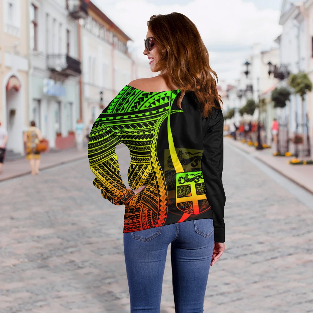 Fiji Women's Off Shoulder Sweater - Reggae Polynesian Tentacle Tribal Pattern - Polynesian Pride