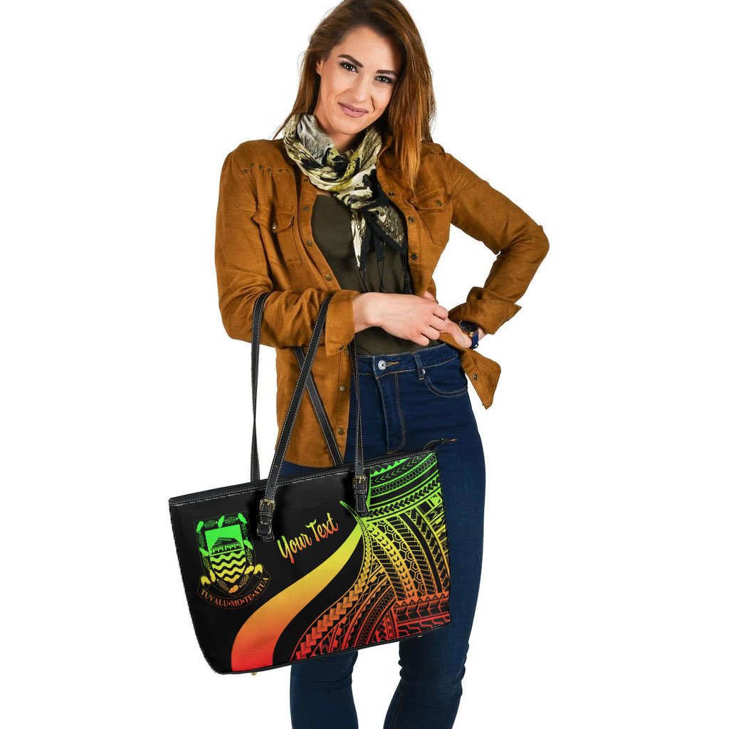 Tuvalu Custom Personalised Large Leather Tote Bag - Reggae Polynesian Tentacle Tribal Pattern - Polynesian Pride