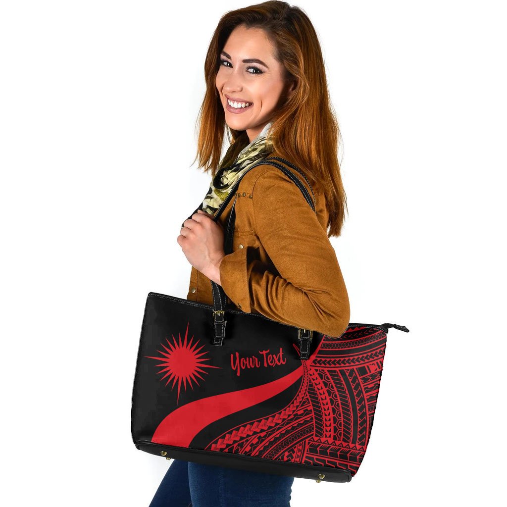 Marshall Islands Custom Personalised Large Leather Tote Bag - Red Polynesian Tentacle Tribal Pattern Red - Polynesian Pride