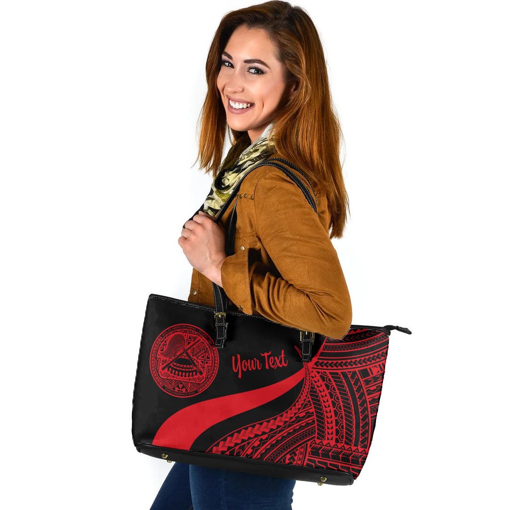 American Samoa Custom Personalised Large Leather Tote Bag - Red Polynesian Tentacle Tribal Pattern Red - Polynesian Pride