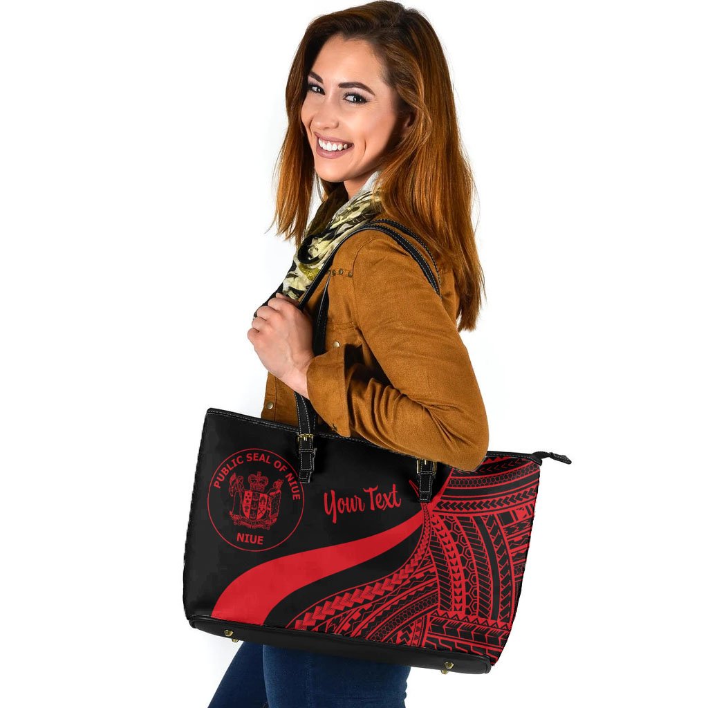 Niue Custom Personalised Large Leather Tote Bag - Red Polynesian Tentacle Tribal Pattern Red - Polynesian Pride