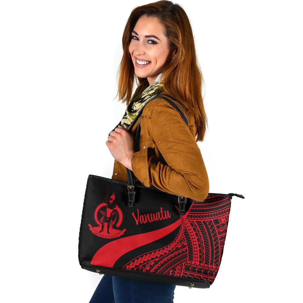 Vanuatu Large Leather Tote Bag - Red Polynesian Tentacle Tribal Pattern Red - Polynesian Pride