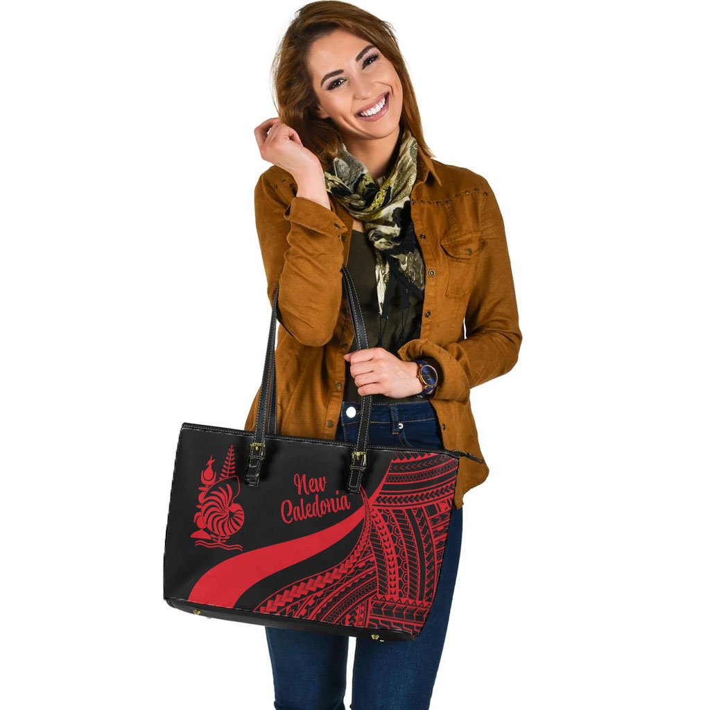 New Caledonia Large Leather Tote Bag - Red Polynesian Tentacle Tribal Pattern Crest - Polynesian Pride