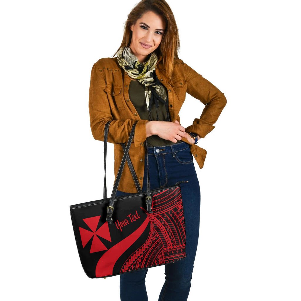 Wallis And Futuna Custom Personalised Large Leather Tote Bag - Red Polynesian Tentacle Tribal Pattern - Polynesian Pride