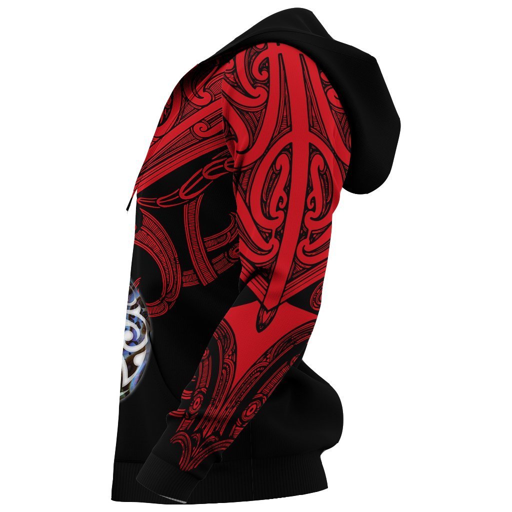 Maori Tattoo Zip Hoodie Hei Matau Abalone Red - Polynesian Pride