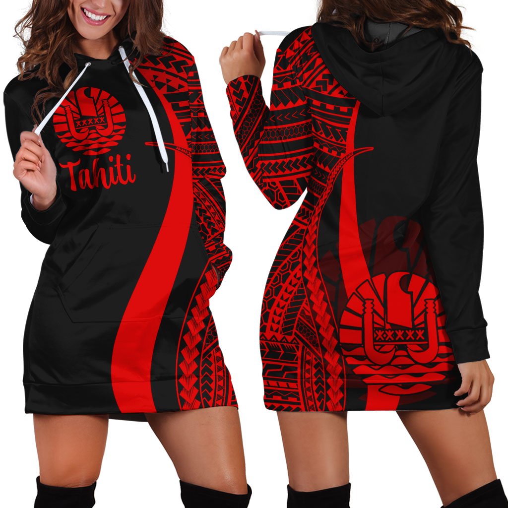 Tahiti Women's Hoodie Dress - Red Polynesian Tentacle Tribal Pattern Red - Polynesian Pride