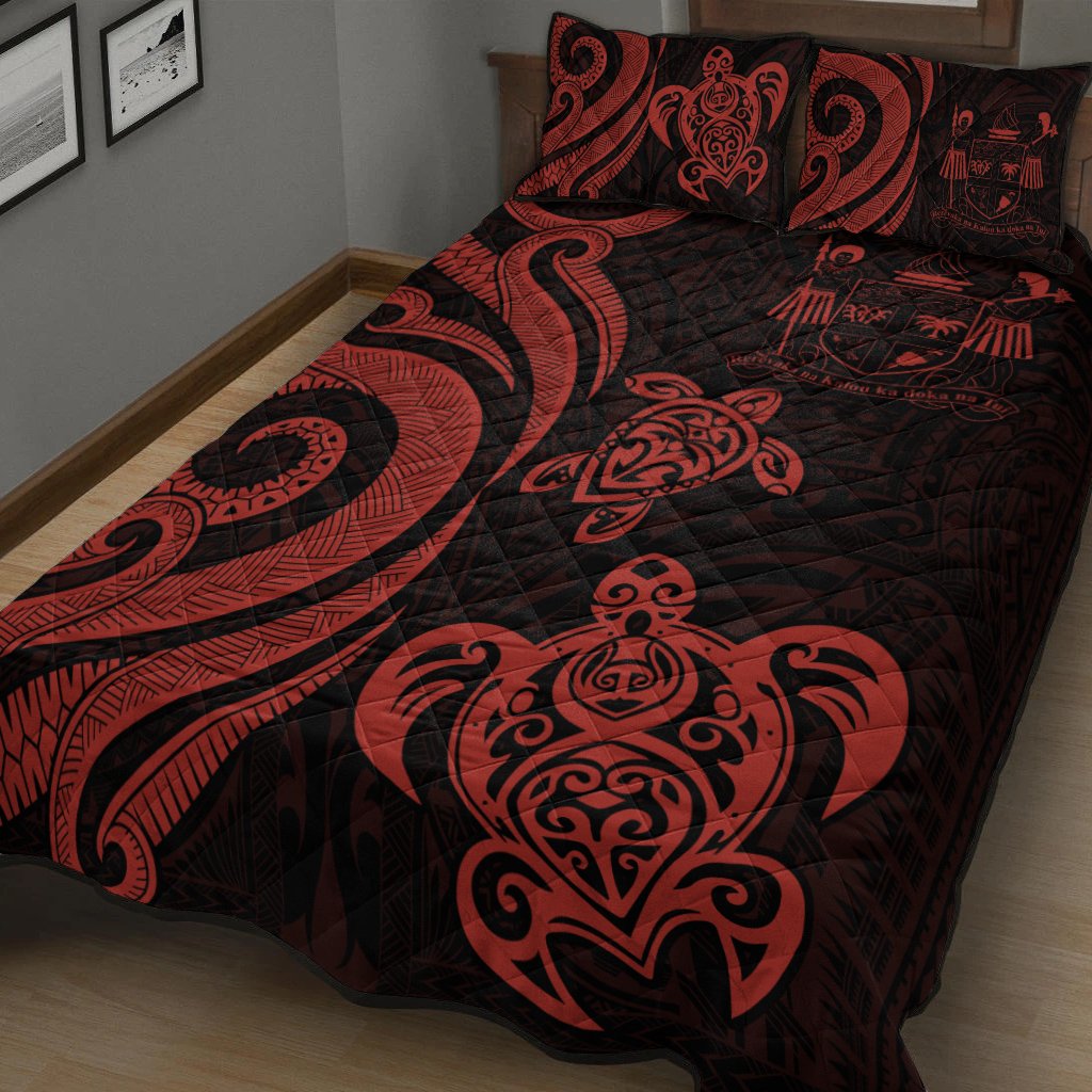 Fiji Quilt Bed Set - Red Tentacle Turtle Crest - Polynesian Pride