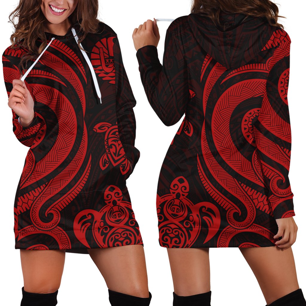 Tahiti Women Hoodie Dress - Red Tentacle Turtle Red - Polynesian Pride