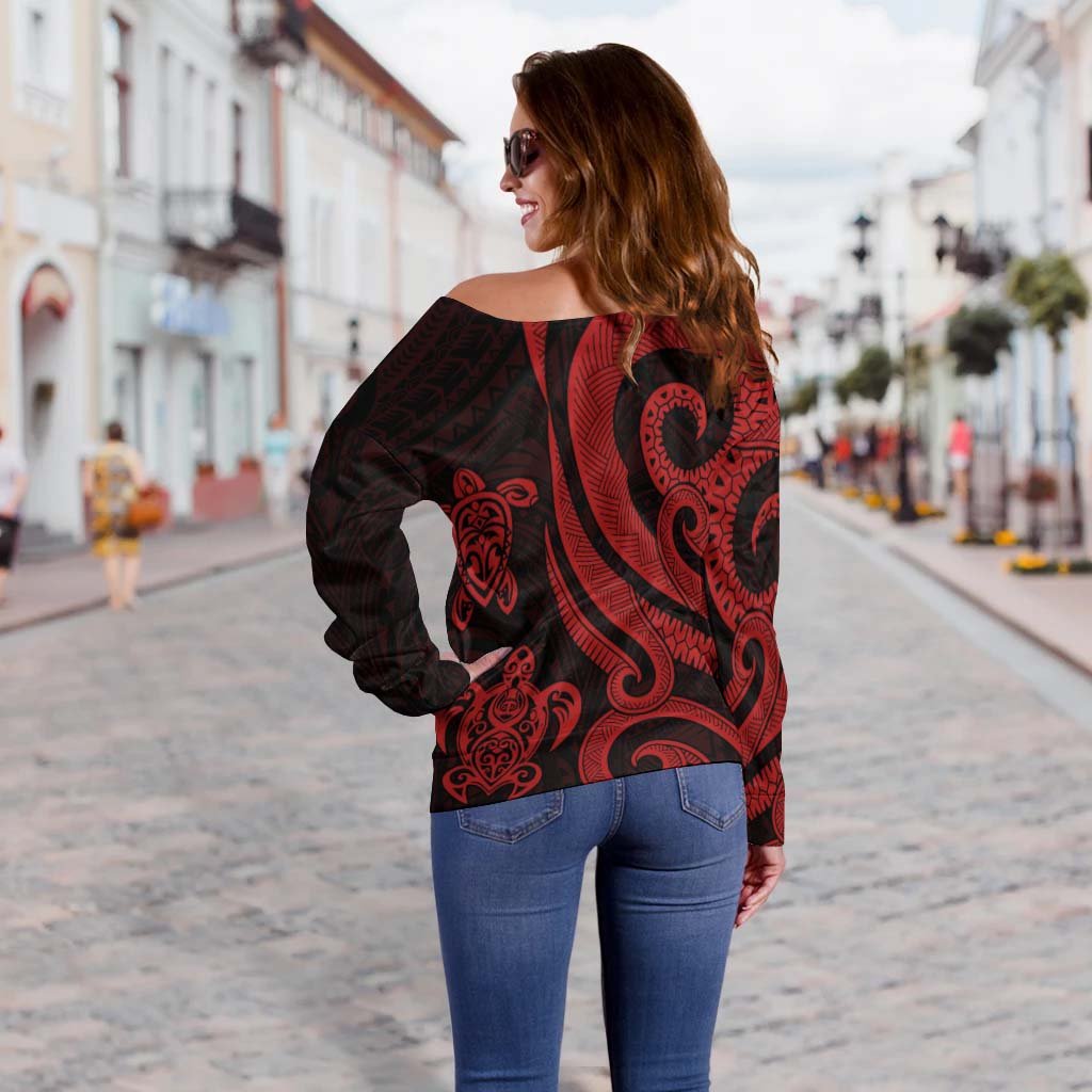 Niue Women's Off Shoulder Sweater - Red Tentacle Turtle - Polynesian Pride