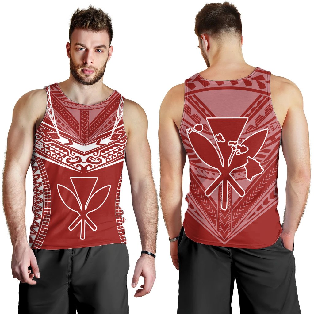 Hawaiian Kanaka Map Football Jersey Men's Tank Top - Red And White - Roger Style - AH Red - Polynesian Pride