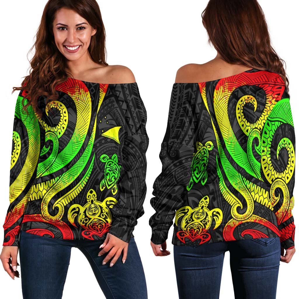 Tokelau Women's Off Shoulder Sweater - Reggae Tentacle Turtle Art - Polynesian Pride