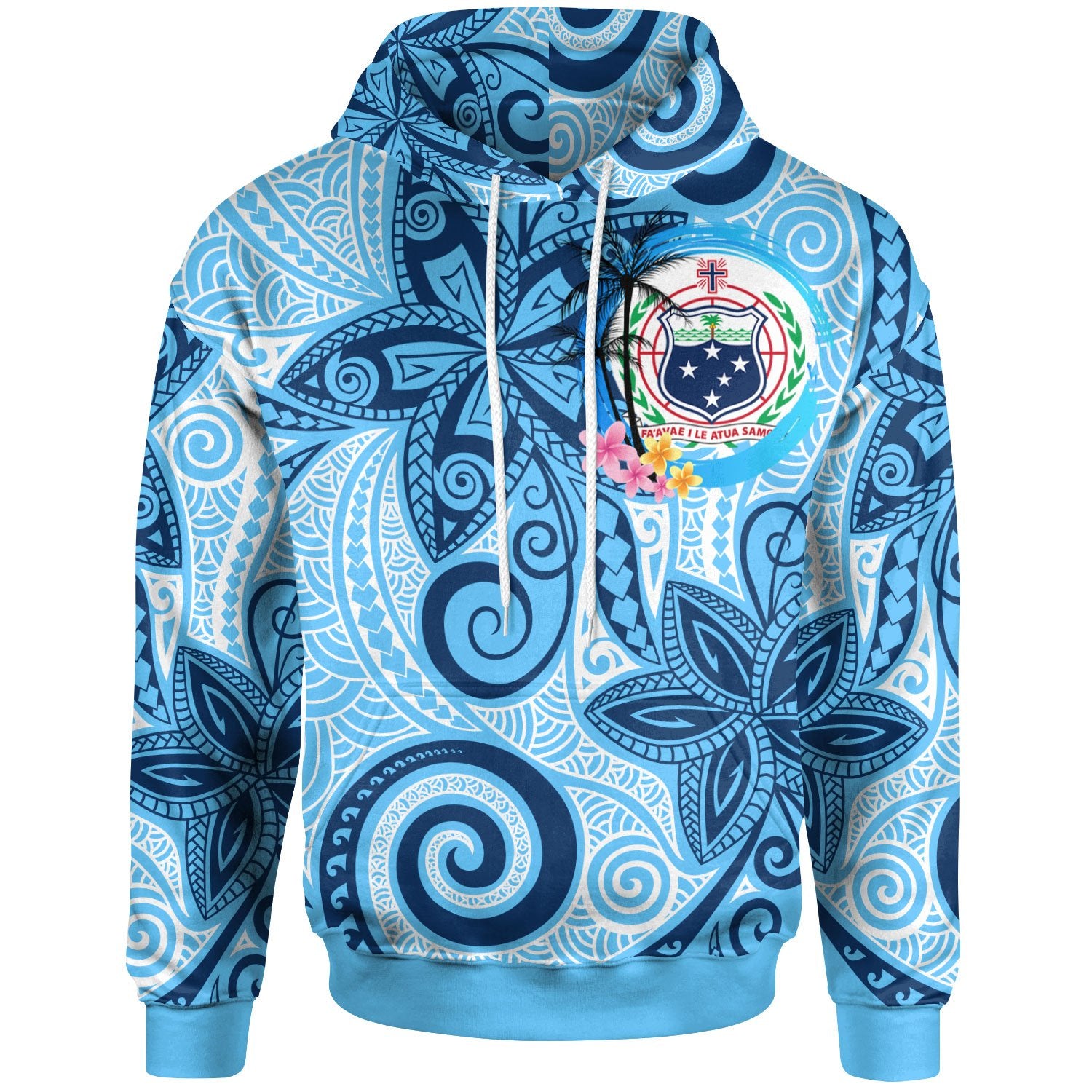 Samoa Hoodie Tribal Plumeria Pattern Unisex Blue - Polynesian Pride