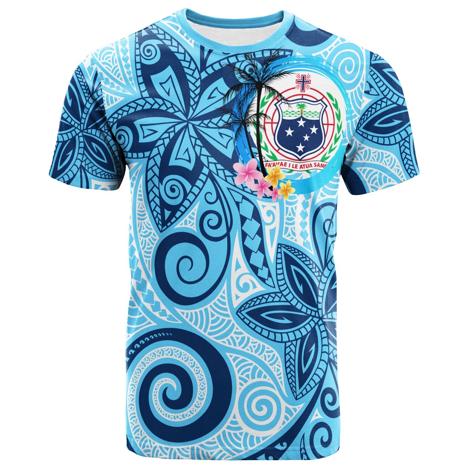 Samoa T Shirt Tribal Plumeria Pattern Unisex Blue - Polynesian Pride