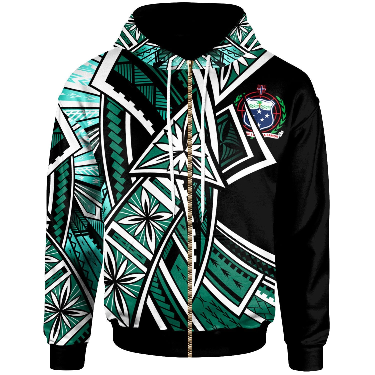 Samoa Zip up Hoodie Tribal Flower Special Pattern Green Color Unisex Green - Polynesian Pride