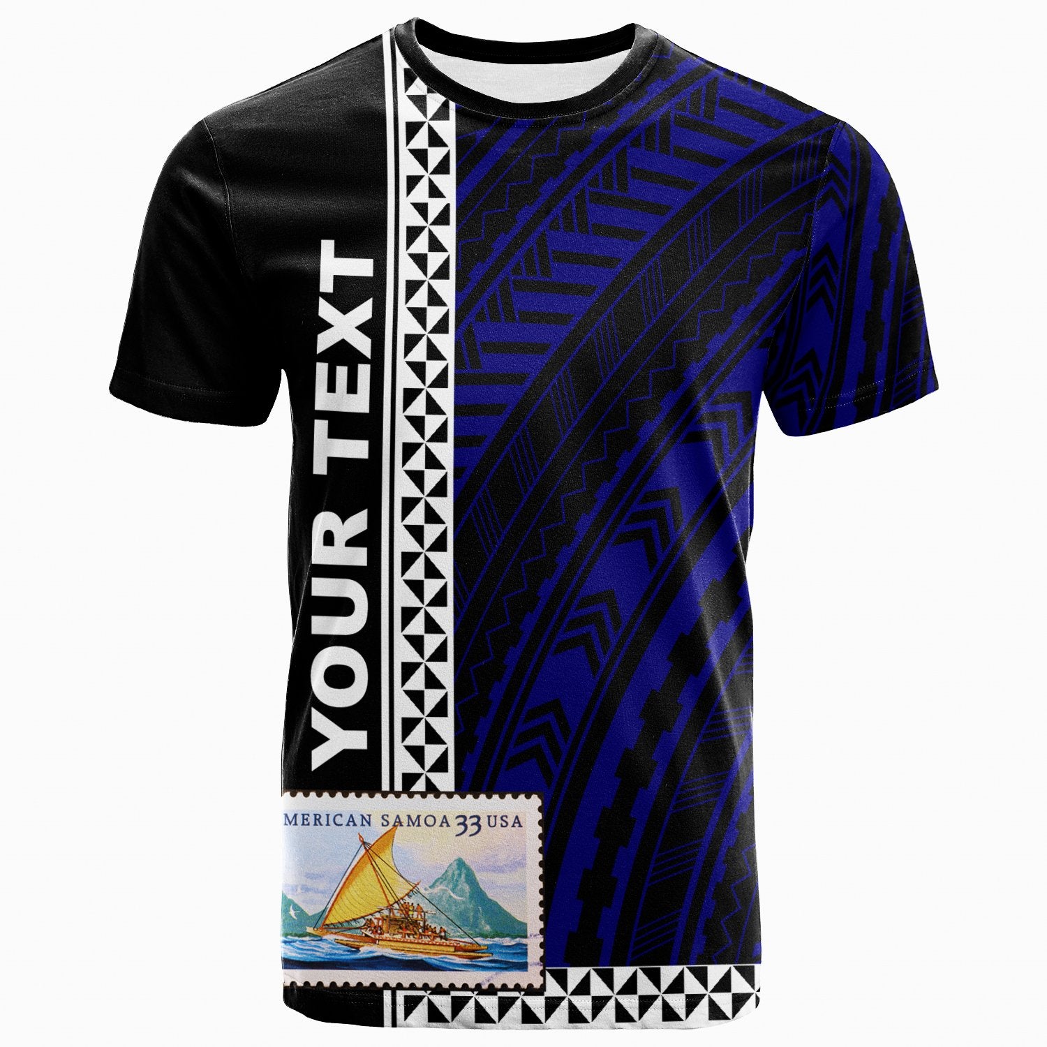 American Samoa Polynesian T Shirt Samoan Sailboat On American Postage Stamp Unisex BLUE - Polynesian Pride