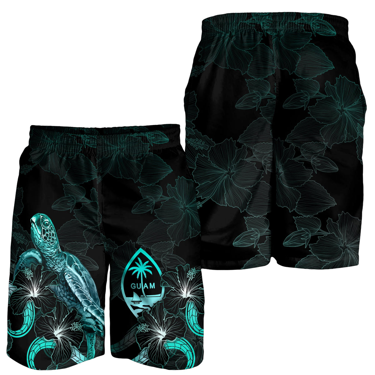 Guam Polynesian Men's Shorts - Turtle With Blooming Hibiscus Turquoise - Polynesian Pride