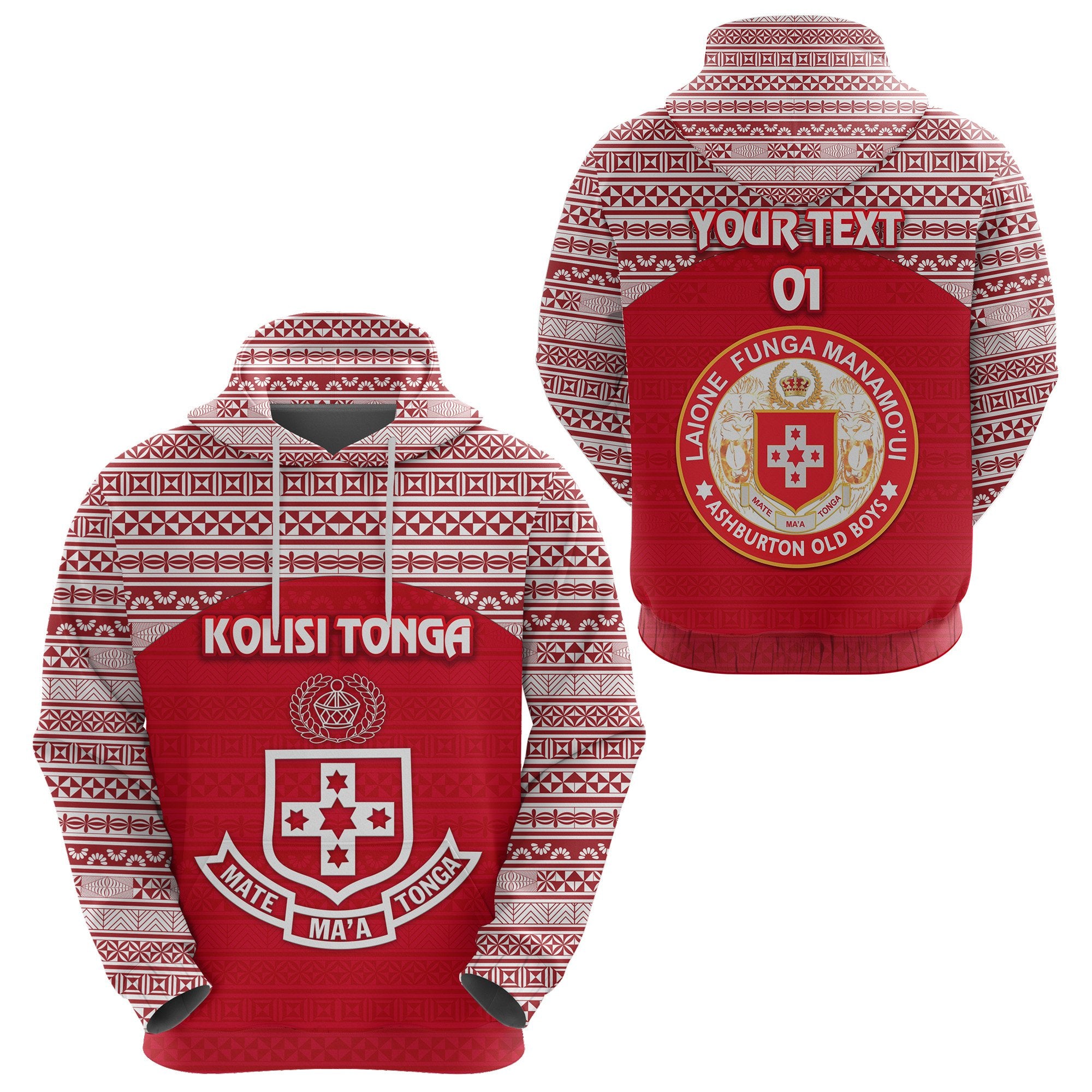 Custom Kolisi Tonga Hoodie Mate Maa Tonga Simple Version Ashburton Old Boys, Custom Text and Number Unisex Red - Polynesian Pride