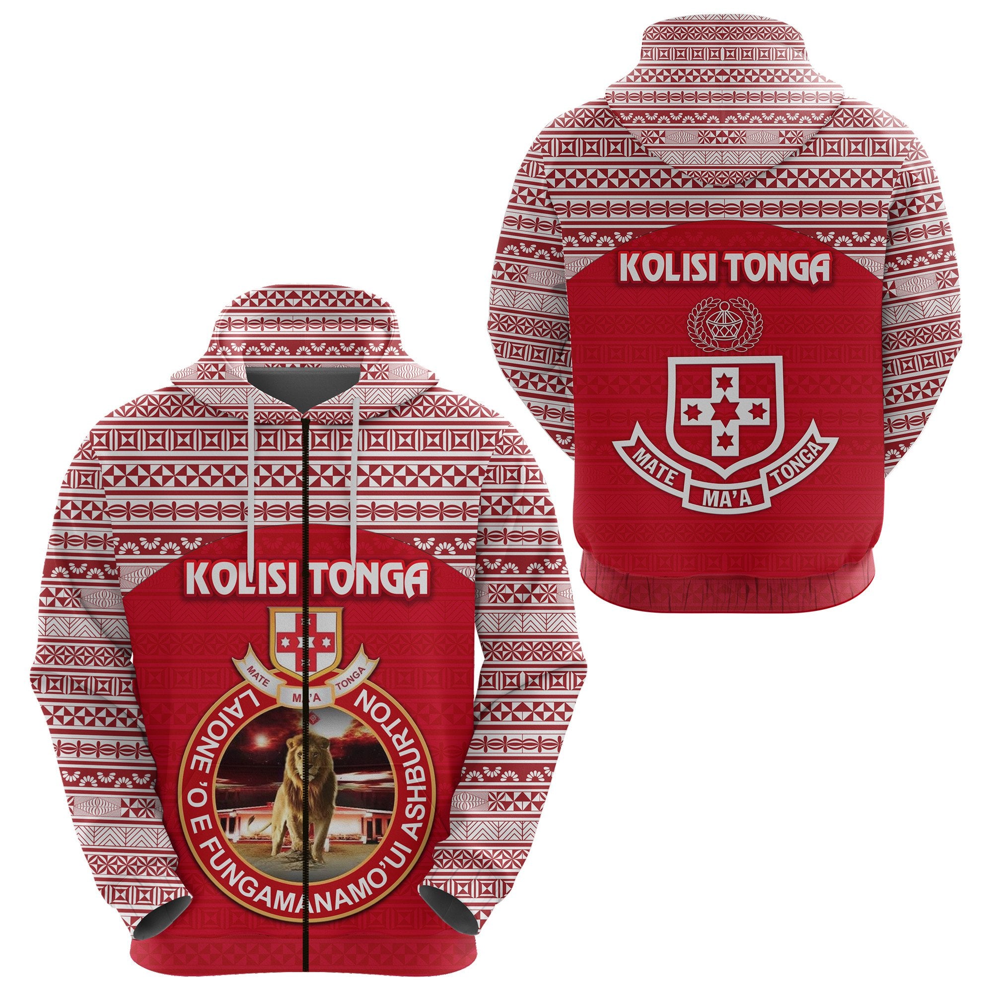 Kolisi Tonga Zip Hoodie Mate Maa Tonga Simple Version Lion Ashburton Unisex Red - Polynesian Pride