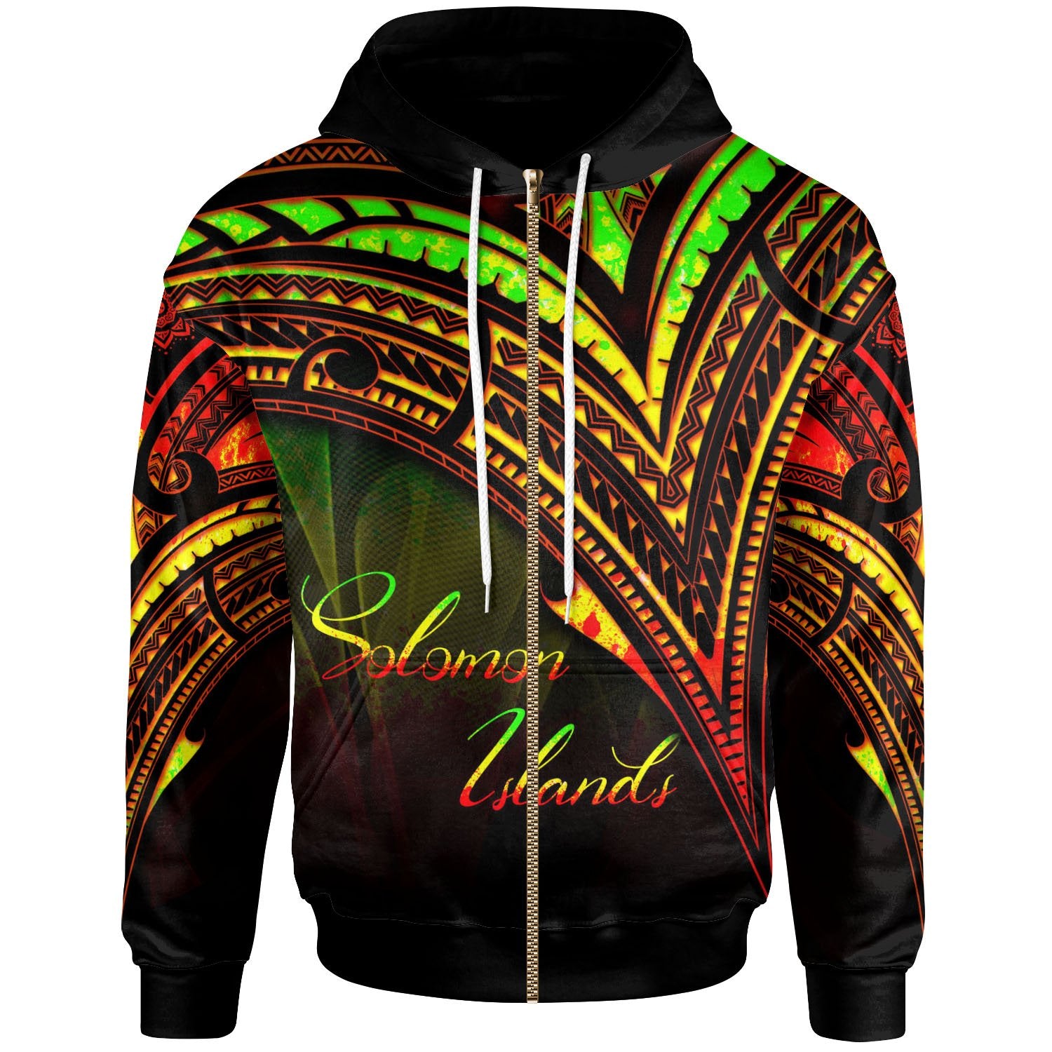 Solomon Islands Zip Hoodie Reggae Color Cross Style Unisex Black - Polynesian Pride