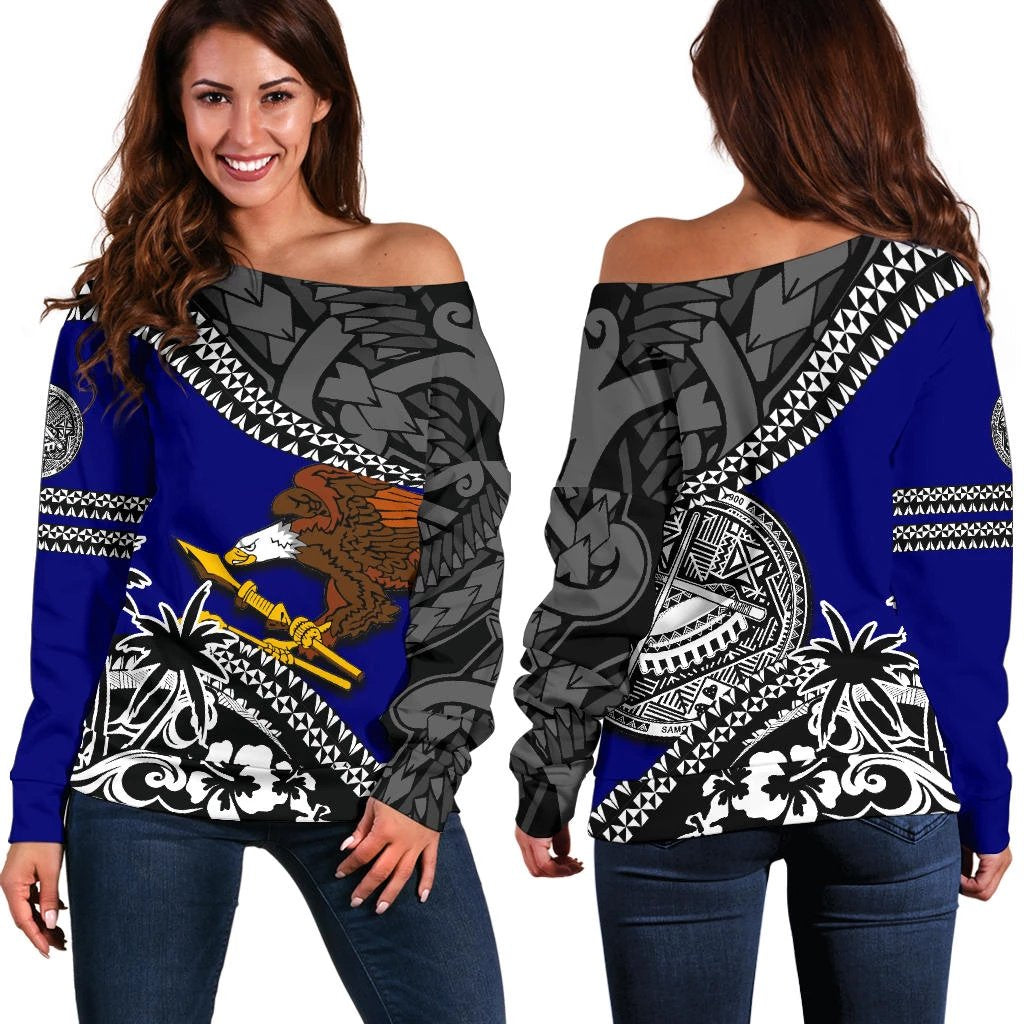 American Samoa Off Shoulder Sweater Fall In The Wave Blue - Polynesian Pride